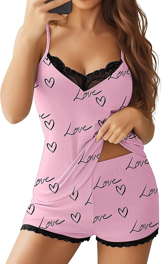Ekouaer Womens Pajama Sets 2 Piece Lingerie Sleepwear Cute Cami Shorts Pjs Set Soft V Neck Lace Trim Nightwear