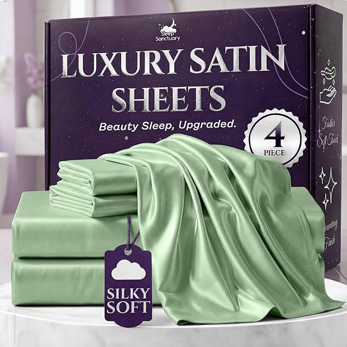 SLEEP SANCTUARY Satin Sheets Full Size – 4 Piece Luxury Silky Bed Set, Softer Than Silk, 15" Deep Pocket, Cooling & Wrinkle-Free, Moisture-Wicking & Breathable for Hair & Skin (Sage Green)