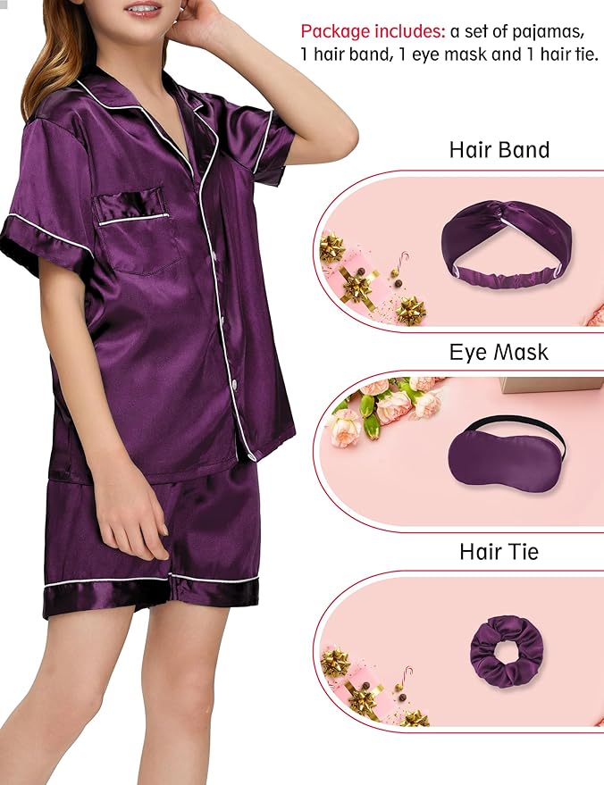 EPLAZA Kids Satin Pajamas Sets Girls Boys Button-Down Silky Pajamas Sleepwear with Hairband Eye Mask Hair Tie