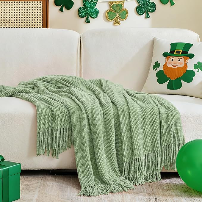 inhand Basil Green Throw Blanket for Couch Bed,St. Patrick’s Day Lucky Spring Gifts Throw for Men Women,Chunky Chenille Woven Soft Warm Blanket,Boho Farmhouse Cozy Decor,60"x80",Extra Thick