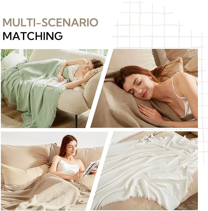 SOULFUL Muslin Throw Blanket with Tassels - Soft Twin Cotton Throw Blanket for Couch or Bed, Lightweight and Breathable Gauze for All Seasons, White, 60" x 80"