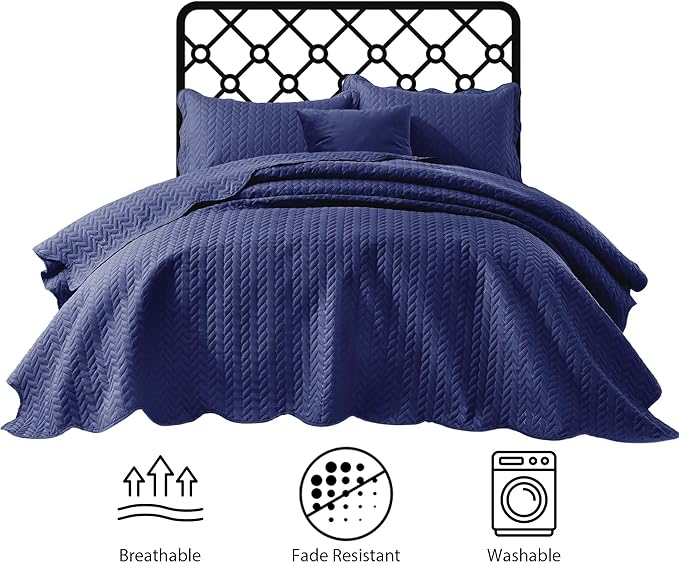 IR Imperial Rooms Queen Quilt Bedding Set Size (90" x 96") + 2 Pillow Shams (20" x 26"+ 2") - 3 Pcs All Season Lightweight Reversible Microfiber Coverlet Embossed Quilt Bedspread (Navy)