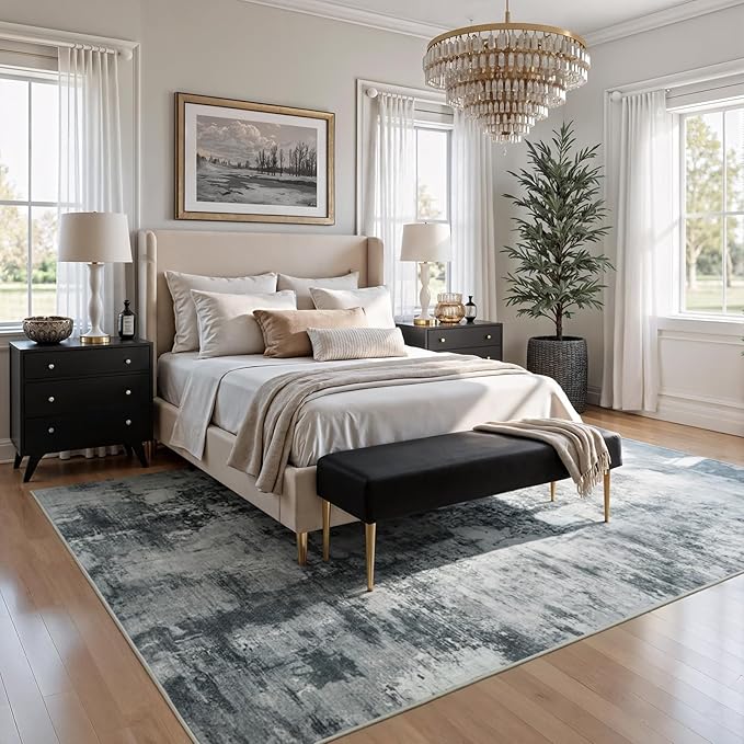 CRYPTOLITE Abstract Area Rug 5x7 Washable Rug with Non-Slip Backing Low Pile Area Rug Area Rugs for Living Room, Bedroom, Dining Room, Grey