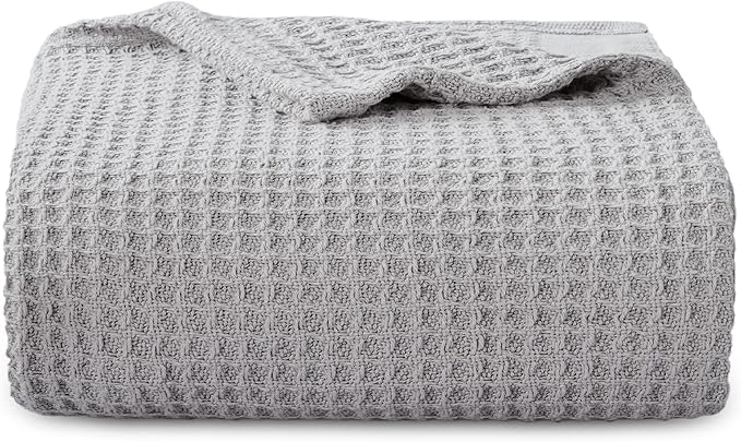 Bedsure Gentlesoft 100% Cotton Throw Blanket for Couch 50x70 inches - Cooling Breathable and Soft for Spring Summer, Waffle Weave Throw Blanket for Office, Grey