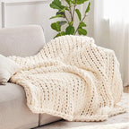 Negwoo Chunky Knit Throw Blanket, 60''*80'' Knitted Throw Chenille Yarn for Bed Couch, Handmade Cream Crochet Big Thick Blanket, Machine Washable Cute Comfy Blanket for Home Decor