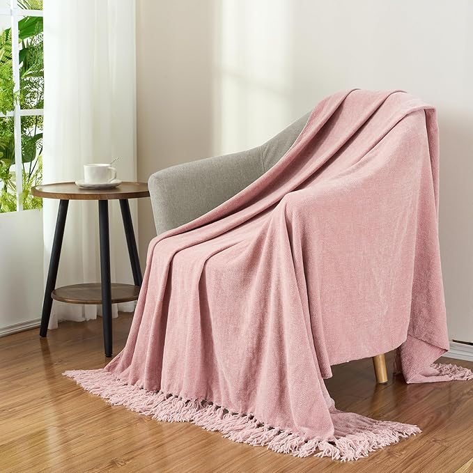 Chenille Throw Blanket for Couch with Tassels,50"X60" Soft Cozy Lightweight Knitted Boho Decorative Blankets for Bed and Sofa,Pink