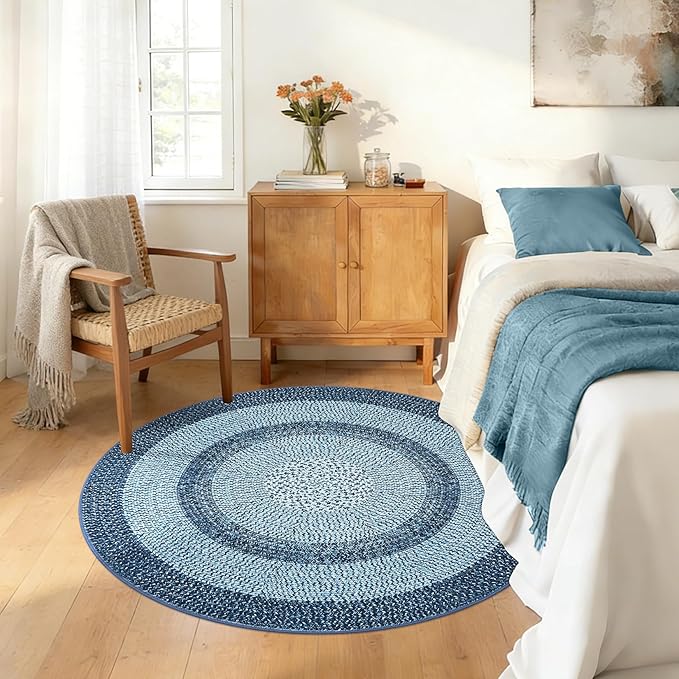 Modern Bordered Round Area Rug 4ft Washable Bedroom Circle Rugs Non Slip Stain Resistant Dining Room Round Throw Carpet Contemporary Circle Mats for Living Room Kitchen Nursery, Blue