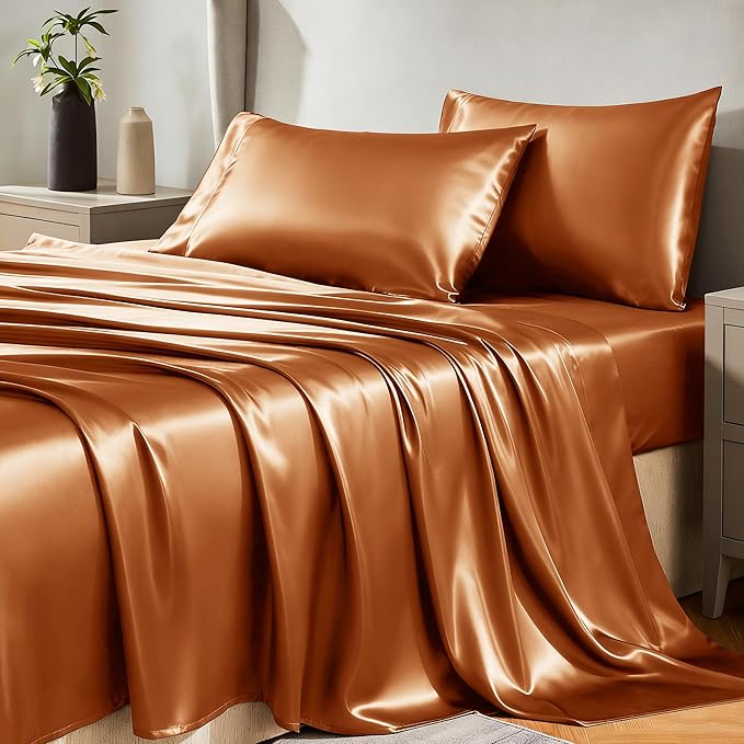 CozyLux Satin Sheets King Size Sheet Set - 4 Piece Silky King Sheets, Luxury Terracotta King Bed Set with Smooth and Soft Microfiber, Includes 1 Fitted Sheet, 1 Flat Sheet and 2 Pillowcases