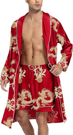 SWOMOG Men's Satin Robe Silky Kimono Bathrobe with Shorts Set Lightweight Soft Loungewear Nightwear