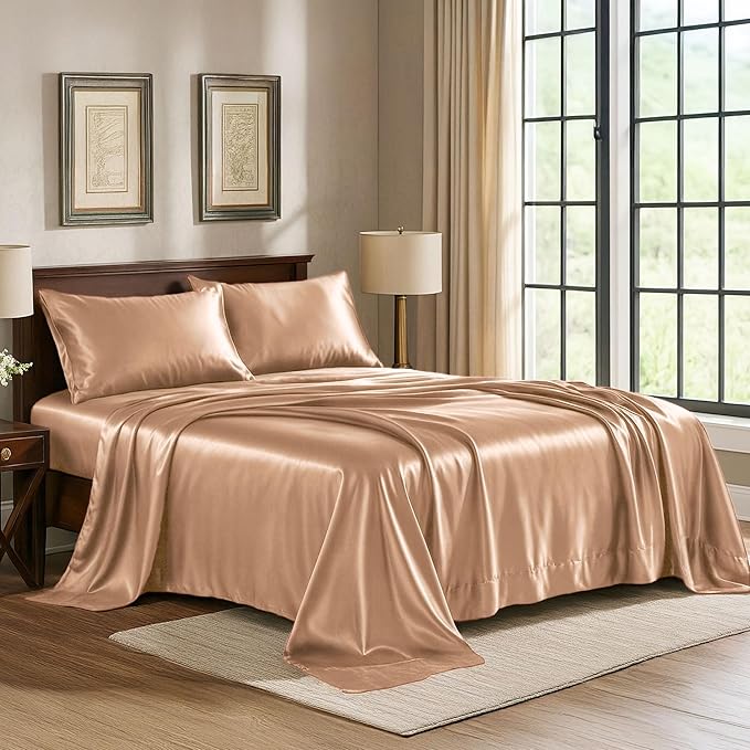 Satin Sheets Full [4-Piece, Rose Gold] Hotel Luxury Silky Bed Sheets - Extra Soft 1800 Microfiber Sheet Set, Wrinkle, Fade, Stain Resistant - Deep Pocket Fitted Sheet, Flat Sheet, Pillow Cases