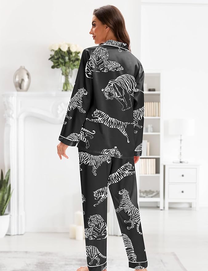 EPLAZA Silk Pajamas for Women Satin Pajamas Set 5 Pcs Long Sleeve Print Pattern Button Down Pjs Sleepwear Loungewear Set