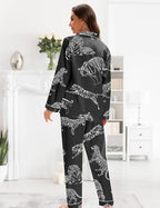 EPLAZA Silk Pajamas for Women Satin Pajamas Set 5 Pcs Long Sleeve Print Pattern Button Down Pjs Sleepwear Loungewear Set