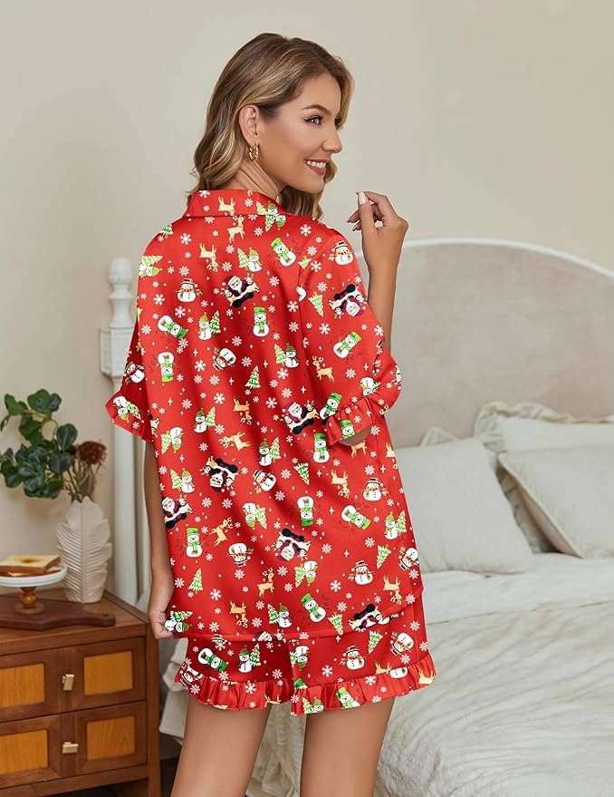 Ekouaer Womens Satin Pajamas Set 2 Piece Button Down Silk Pjs Ruffle Short Sleeve Shorts Set Notch Collar Sleepwear