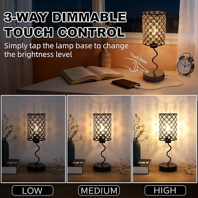EOEYYOYB Crystal Table Lamp with 3 Way Dimmable Touch Control, Nightstand with USB A+C Ports, Modern Bedside Touch Lamp for Bedroom, Living Room, Office Reading, Black