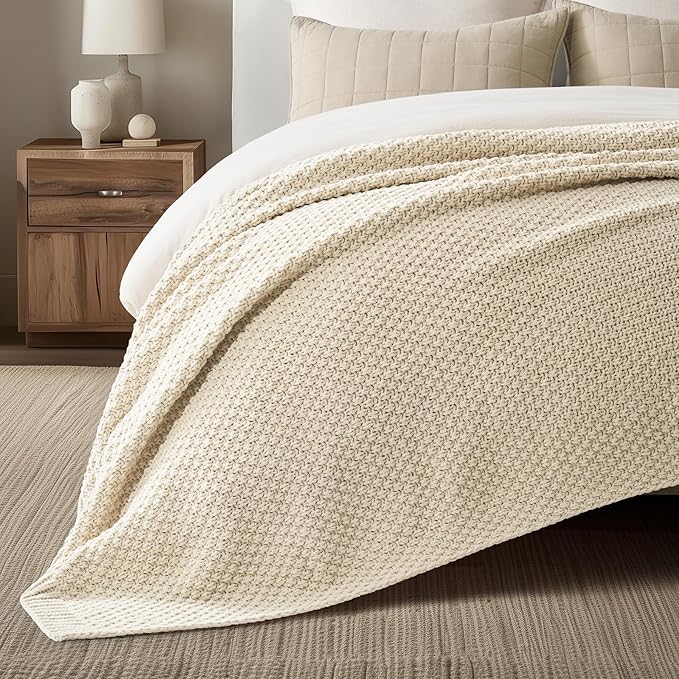 EVERGRACEHOME Chunky Chenille Knit Throw Blanket for Couch, Soft Luxurious Oversized King Moss Stitch Blanket for Bed, Large Cozy Farmhouse Knitted Throw for Sofa, Beige, 92" x 108"