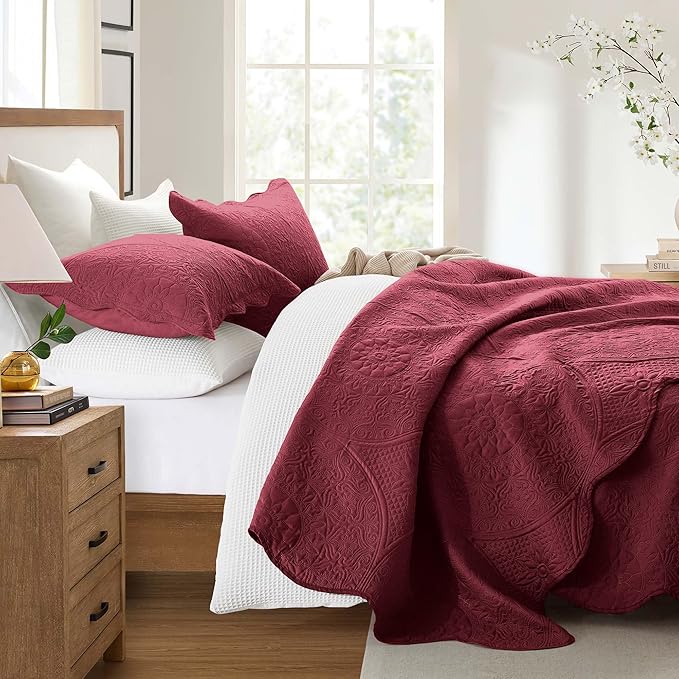 IR Imperial Rooms King Quilt Bedding Set Size (106" x 96") + 2 Pillow Shams (20" x 36"+ 2") - 3 Pcs All Season Lightweight Reversible Microfiber Coverlet Floral Embossed Quilt Bedspread (Burgundy)