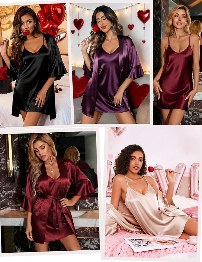 Ekouaer Women's Silk Robe Set V-neck 2 Piece Bridal Party Robes and Satin Bathrobe Set with Pockets