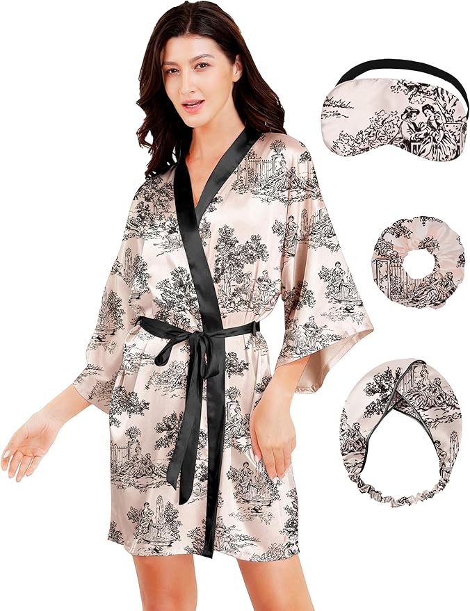 EPLAZA Silk Robes for Women Satin Robe Short Sexy Print Flower Kimono Loungewear Wedding Bridal Party