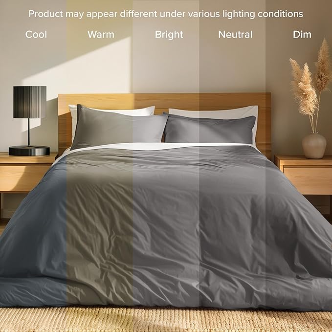 Bare Home 100% Organic Cotton Queen Duvet Cover Set - Crisp Percale Weave - Lightweight & Breathable - Cooling Duvet Cover Set (Queen, Grey)