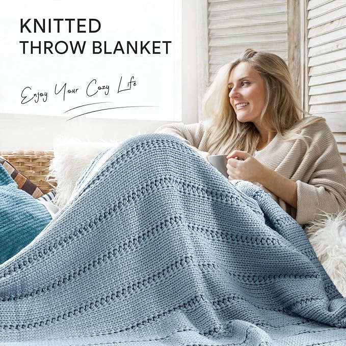 RECYCO Cable Knit Blue Throw Blanket Twin Size for Couch, Super Soft Warm Cozy Decorative Knitted Throw Blanket 3.6LB for Bed, Sofa, Chair Large 60"x80"