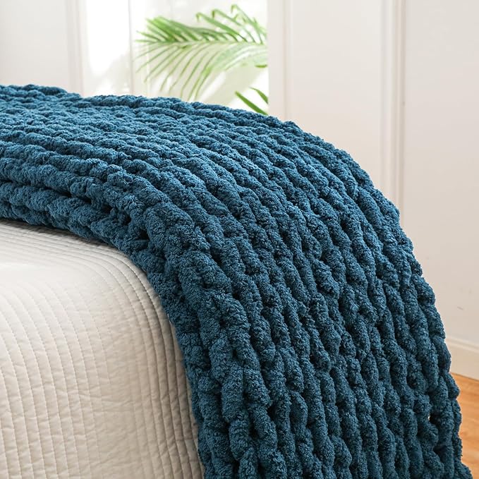 YAAPSU Chunky Knit Throw Blanket for Couch, 51“x63”, 100% Hand Knitted Thick Cable Knit with Cozy Jumbo Chenille Yarn, Soft Large Rope Knot Crochet Blankets for Sofa Bed Living Room Décor, Ocean Blue