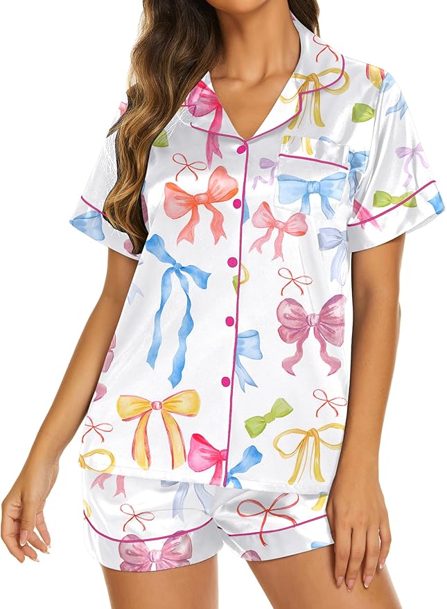 Ekouaer Silk Pajamas for Women Short Sleeve Sleepwear Soft Button Down Loungewear 2 Piece Satin Pjs Shorts Set