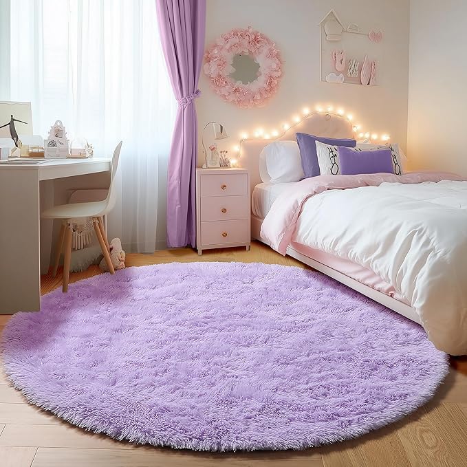 ONASAR Light Purple Round Rugs 6ft for Living Room Bedroom, Fluffy Circle Area Rug for Kids Girls Boys Teen, Soft Plush Shaggy Carpet for Nursery Dorm Classroom Playroom Home Decor Aesthetic