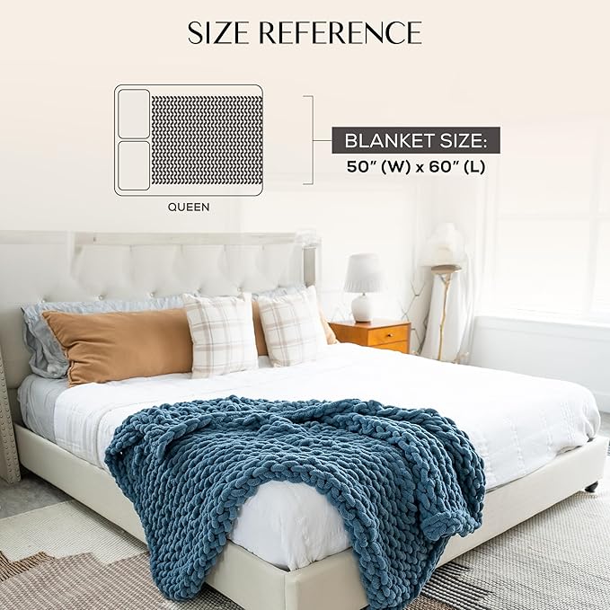 Samiah Luxe Chunky Knit Blanket Throw 50x60", Blue Chenille Chunky Knit Throw Blanket for Living Room Decor or Boho Decor, Thick Yarn Knitted Blankets for Couch or Bed, Cable Knitted Crochet Blankets