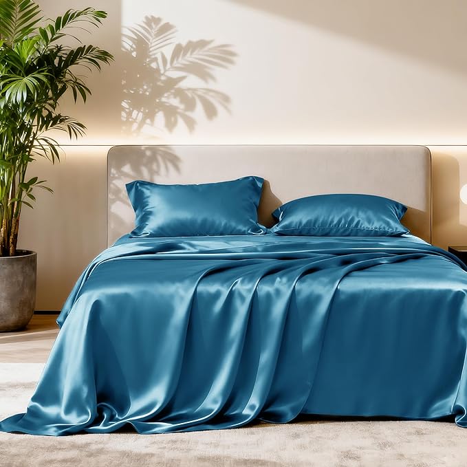 Love's cabin Twin XL Satin Sheet Sets - 3 Piece Teal Silky Bed Sheets with Deep Pockets, Luxury Silk Feel Satin Sheet Set Twin XL (1 Flat Sheet,1 Fitted Sheet,1 Pillow case)