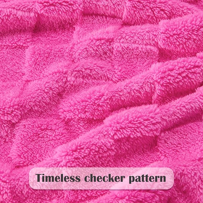 NEWCOSPLAY Super Soft King Blanket Hot Pink Premium Silky Flannel Fleece 3D Checkered Lightweight Bed Blanket All Season Use (Hot Pink Checkered, King(90"x110"))