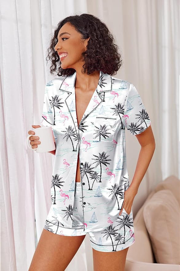 Ekouaer Womens Satin Silk Pajamas Set Short Sleeve Sleepwear Button Down Top and Shorts Loungewear 2 Piece Pjs Set S-XXL