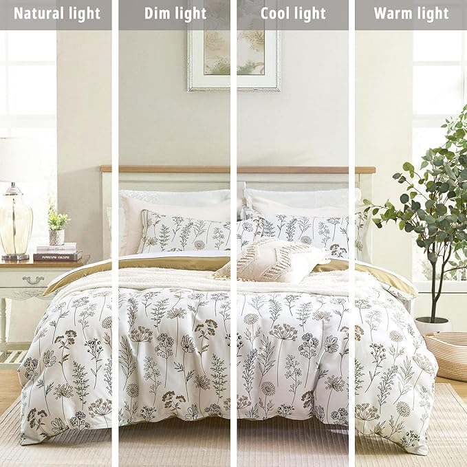 ALEISSEL White Botanical Cotton Comforter King Size - 3PC Lightweight Bedding Sets with Ultra-Soft Alternative Fill, Luxurious Pale Mustard Reversible Design (1 Comforter, 2 Pillowshams)