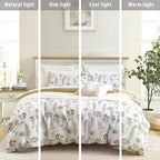 ALEISSEL White Botanical Cotton Comforter Queen Size - 3PC Lightweight Bedding Sets with Ultra-Soft Alternative Fill, Luxurious Pale Mustard Reversible Design (1 Comforter, 2 Pillowshams)