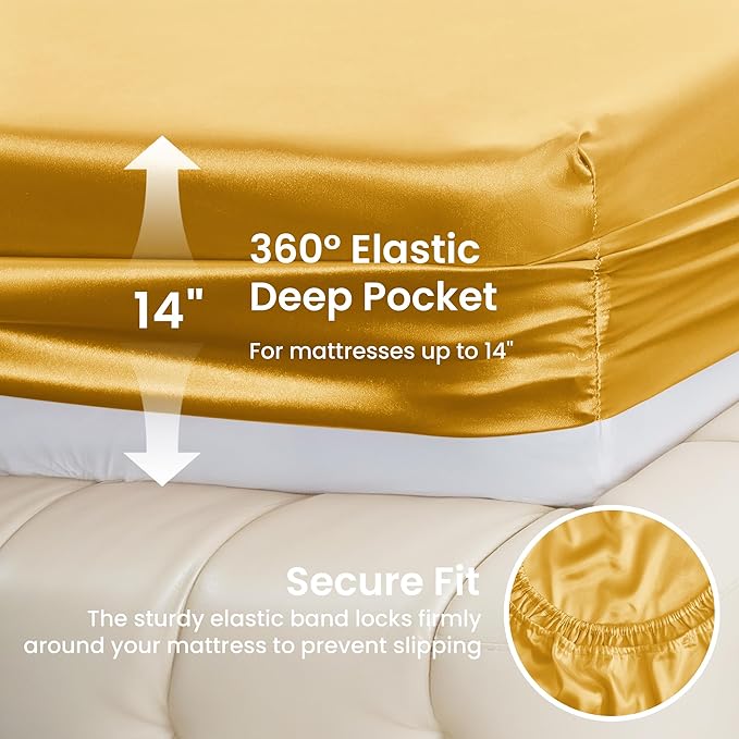 Love's cabin 4Piece California King Satin Bed Linen Set, Gold Silky Satin Sheets, Deep Pocket, Luxury Silk Feel, 1 Flat, 1 Fitted Sheet, 2 Pillow Cases