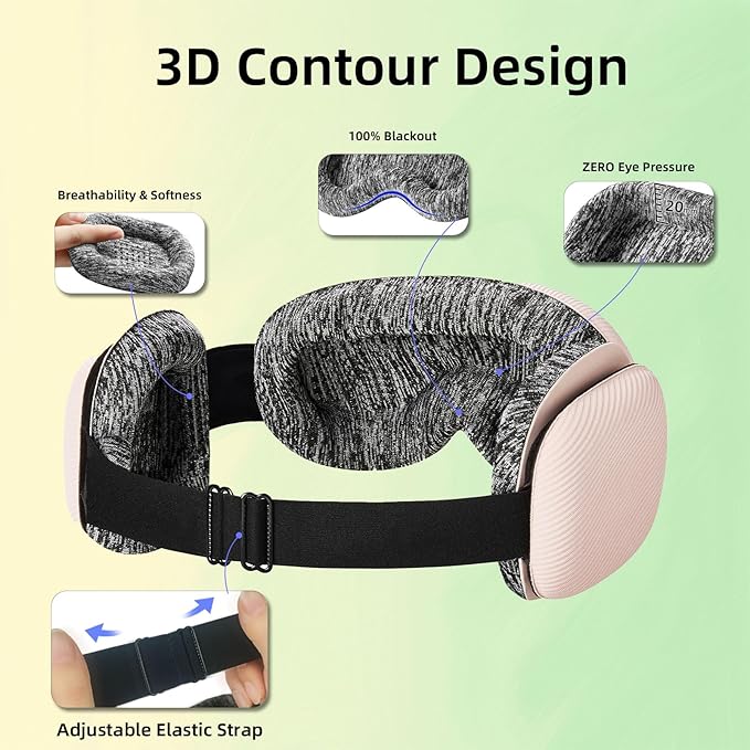 5.4 Bluetooth Sleep Mask with 12 White Noises, 3D Sleep Headphones for Women Men 100% Pressure-Free & BlockOut,Wireless Eye Mask for Side Sleepers Travel