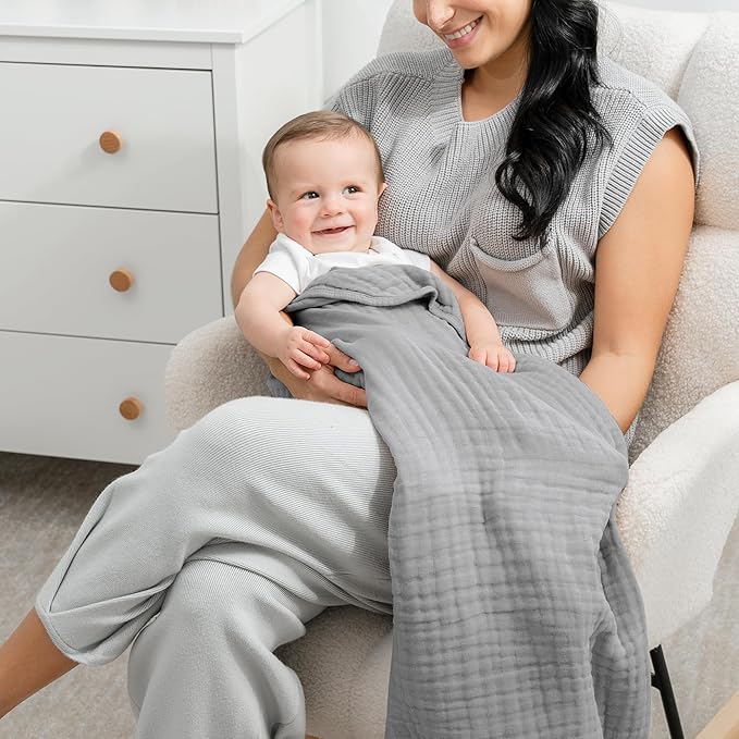 Comfy Cubs Muslin Baby Blanket - Soft, Lightweight, 6-Layer Cotton Swaddle Blankets for Newborns, Infants & Toddlers - 40" x 40" Large, Breathable & Versatile for Sleeping & Tummy Time - Heather Blue