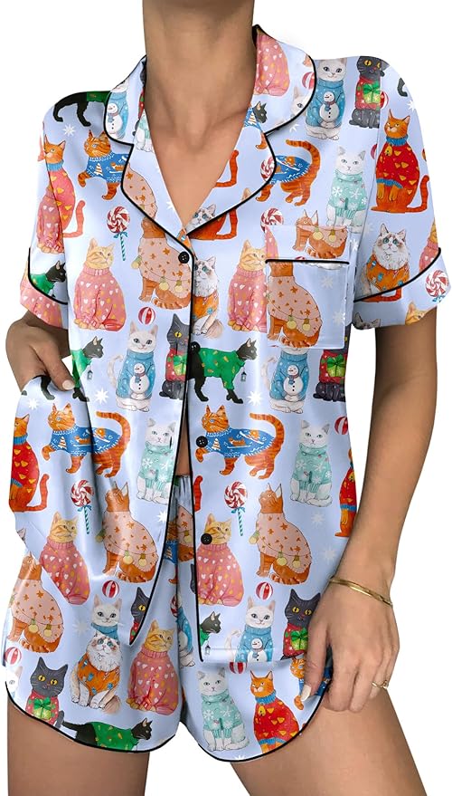 Ekouaer Womens Silk Satin Pajama Sets 2 Piece Button Down Silk Pjs Shorts Sets Cute Print Short Sleeve Sleepwear S-4XL