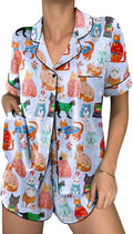 Ekouaer Womens Silk Satin Pajama Sets 2 Piece Button Down Silk Pjs Shorts Sets Cute Print Short Sleeve Sleepwear S-4XL