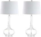 JONATHAN Y 28.5" Clear Glass Teardrop LED Table Lamp Set of 2 for Living Room Bedroom Nightstand, White Linen Shade Modern Transitional Bedside Desk Lamp (JYL1079C-SET2)