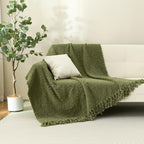 Throw Blanket for Couch, Olive Green Luxury Knitted Throws 60"x80", Textured Blankets with Handmade Fringe Tassels for Bed Sofa Decorative, Chunky Soft Farmhouse Boho Home Decor