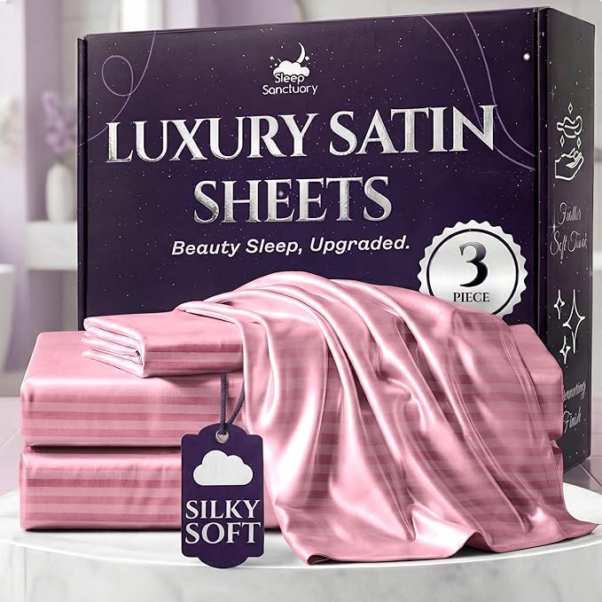 SLEEP SANCTUARY Satin Sheets Twin Size – 3 Piece Luxury Silky Bed Set, Softer Than Silk, 15" Deep Pocket, Cooling & Wrinkle-Free, Moisture-Wicking & Breathable for Hair & Skin (Striped Pink)