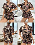Ekouaer Womens Silk Satin Pajama Set Print Short Sleeve Sleepwear Button Down Pjs Shorts Set Loungewear