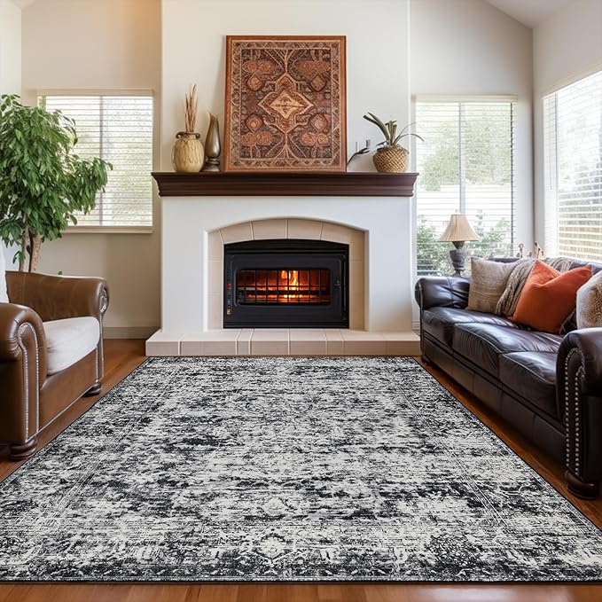 CRYPTOLITE Rugs for Living Room, 6x9 Large Area Rugs Ultra Soft Washable, Vintage Boho Faux Wool Carpet for Dining Room, Bedroom, Office, Home Decor (Dark Grey)
