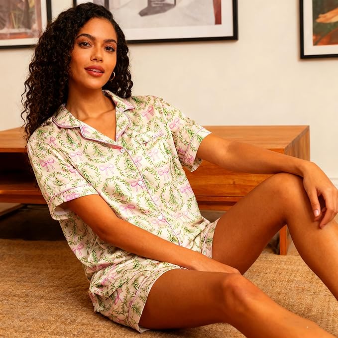 ASTANFY Silk Satin Pajama Set Womens Silk Satin 2 Piece Pjs Shorts Sleepwear Christmas Button Down Shirt Bride Pj Lounge Sets