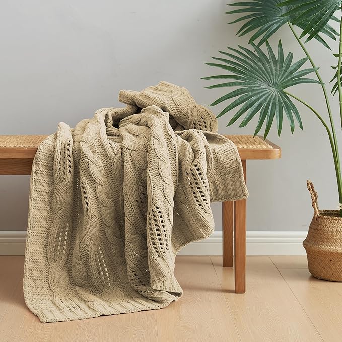 Amélie Home Chunky Knit Throw Blanket, Dual-Sided Soft Chenille Breathable Cable Knitted Blanket for Couch, Farmhouse Decorative Throw for Sofa & Chair, 50"x60", Beige