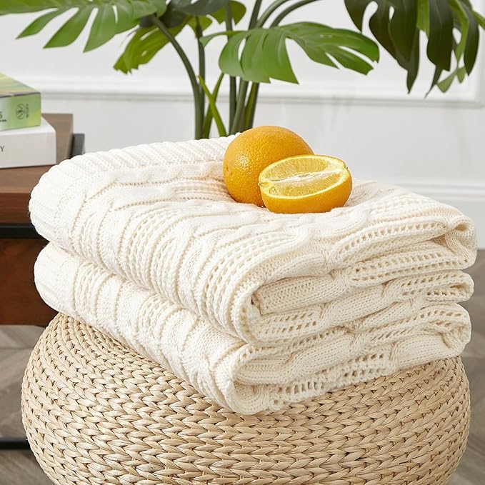 Aormenzy Cable Knit Throw Blankets 90 x 90 Inches, Soft Cozy and Lightweight Knitted Blanket, Machine Washable Acrylic Blanket, Decorative Throw Blanket for Couch Sofa Bed, Cream White
