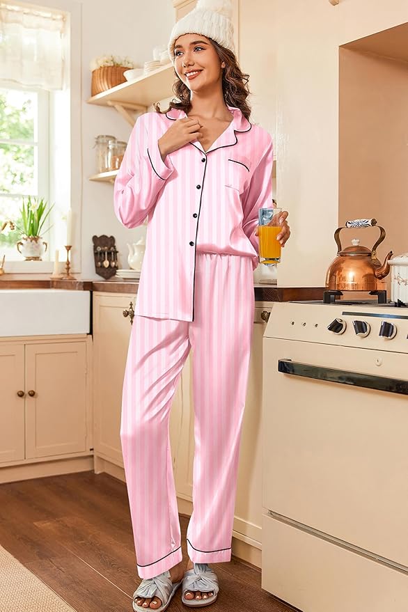 Ekouaer Women's Classic Button Down Long Satin Silk Pajama Set