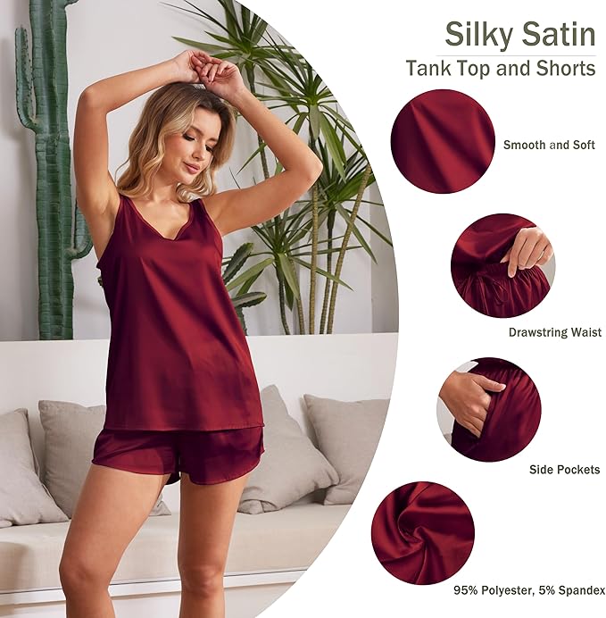 MOYEE Women Silk Pajama Set Soft Satin V Neck Tank Top and Shorts 2 Piece lounge Sets with Pockets
