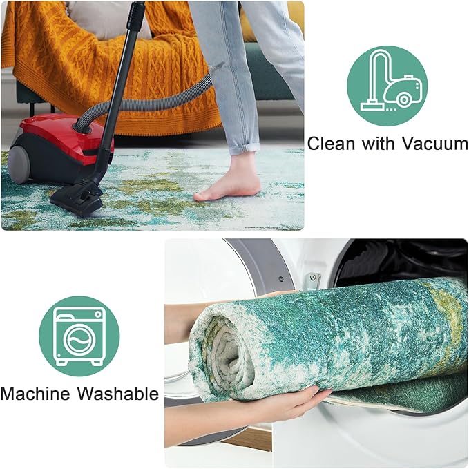 Area Rug 5x7 Washable Rugs Green Abstract Area Rug Soft Non-Slip Non-Shedding Faux Wool Stain Resistant Floor Carpets for Living Room Bedroom Dining Room Kids Room Home Office Farmhouse