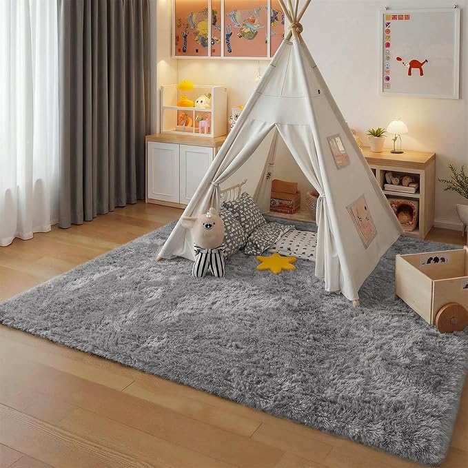 junovo Grey Washable Area Rug for Boys Bedroom Living Room, 4x5.3 Soft Non-Slip Fluffy Rugs, Shag Plush Memory Foam Carpet for Kids Room Baby Nursery Home Decor